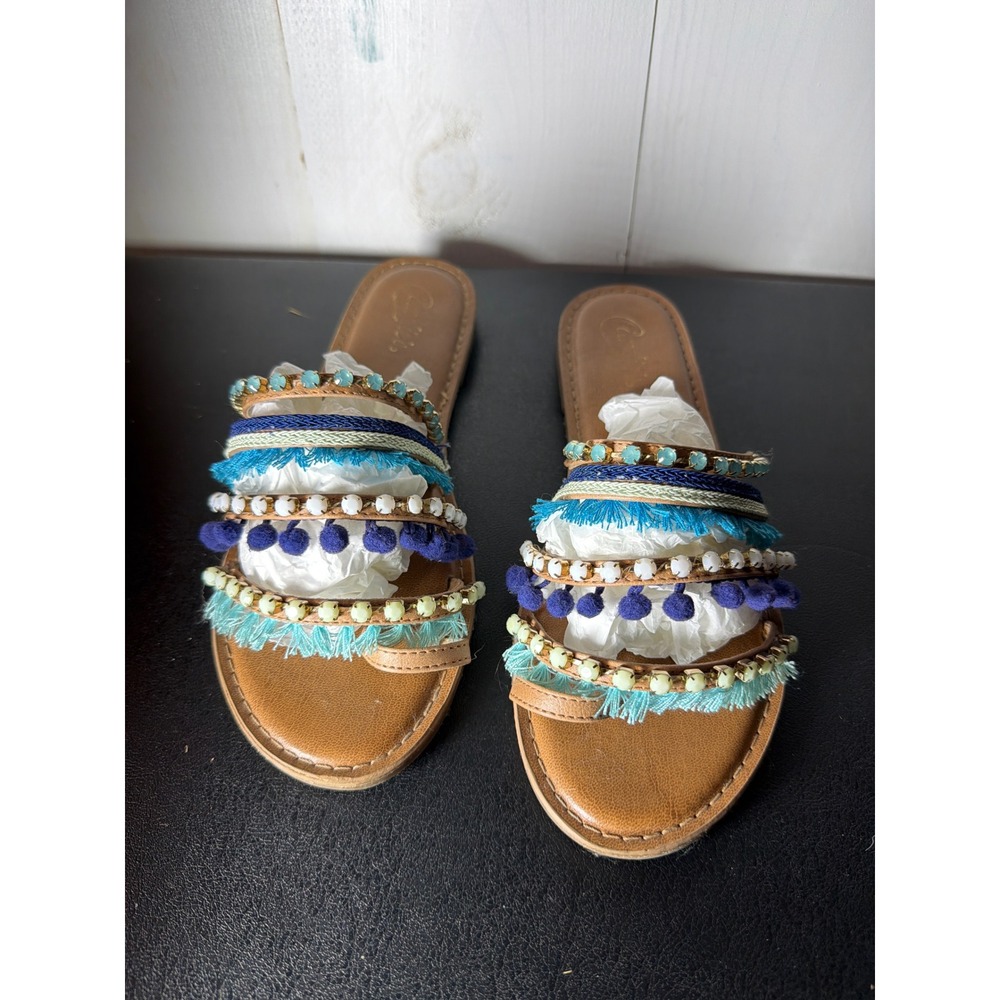 Candies Womens Tan Faux Leather Multi Bead Fringe Pom Pom Slide Sandals Size 10